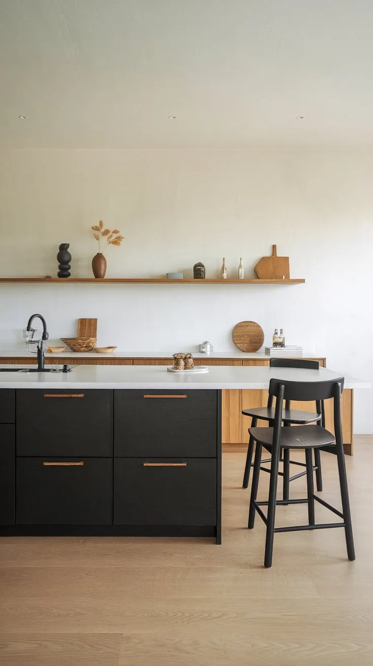This minimalist kitchen is a study in contrasts: dark cabinetry against bright white, creating a sophisticated and inviting atmosphere. The wooden shelves add a touch of organic texture, while the light wood floors maintain a sense of airy spaciousness. A haven for culinary creativity.