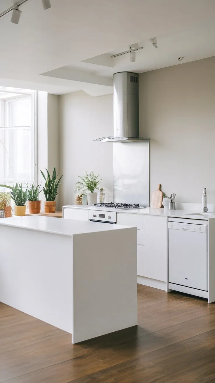 A minimalist dream come true. This kitchen's sleek design, featuring a pristine white island and light gray walls, effortlessly blends style and practicality. The addition of potted plants brings a touch of nature indoors, creating A truly inviting and peaceful cooking space.