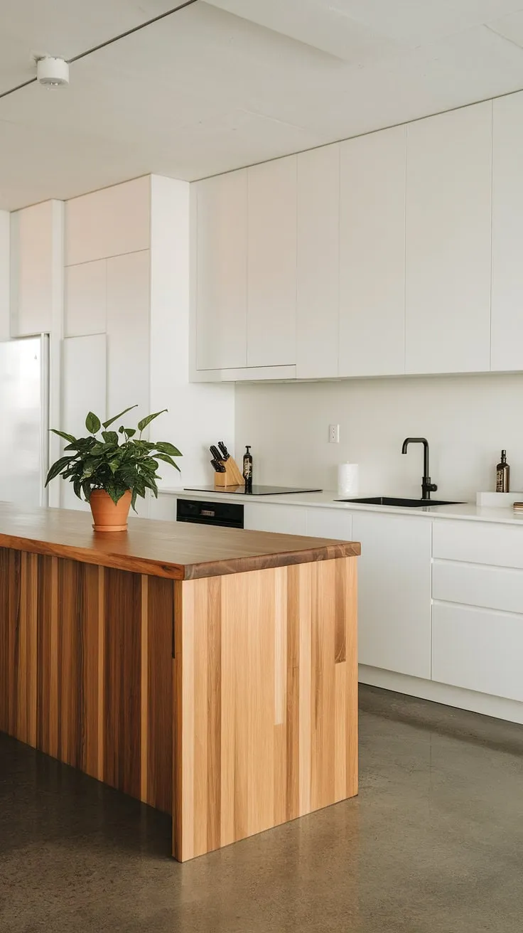 Clean lines, warm wood, and a touch of green: this minimalist kitchen is the perfect blend of modern aesthetics and functional design. The concrete floor adds an industrial edge, while the wooden island provides a welcoming centerpiece. A simple yet sophisticated space, perfect for everyday living.