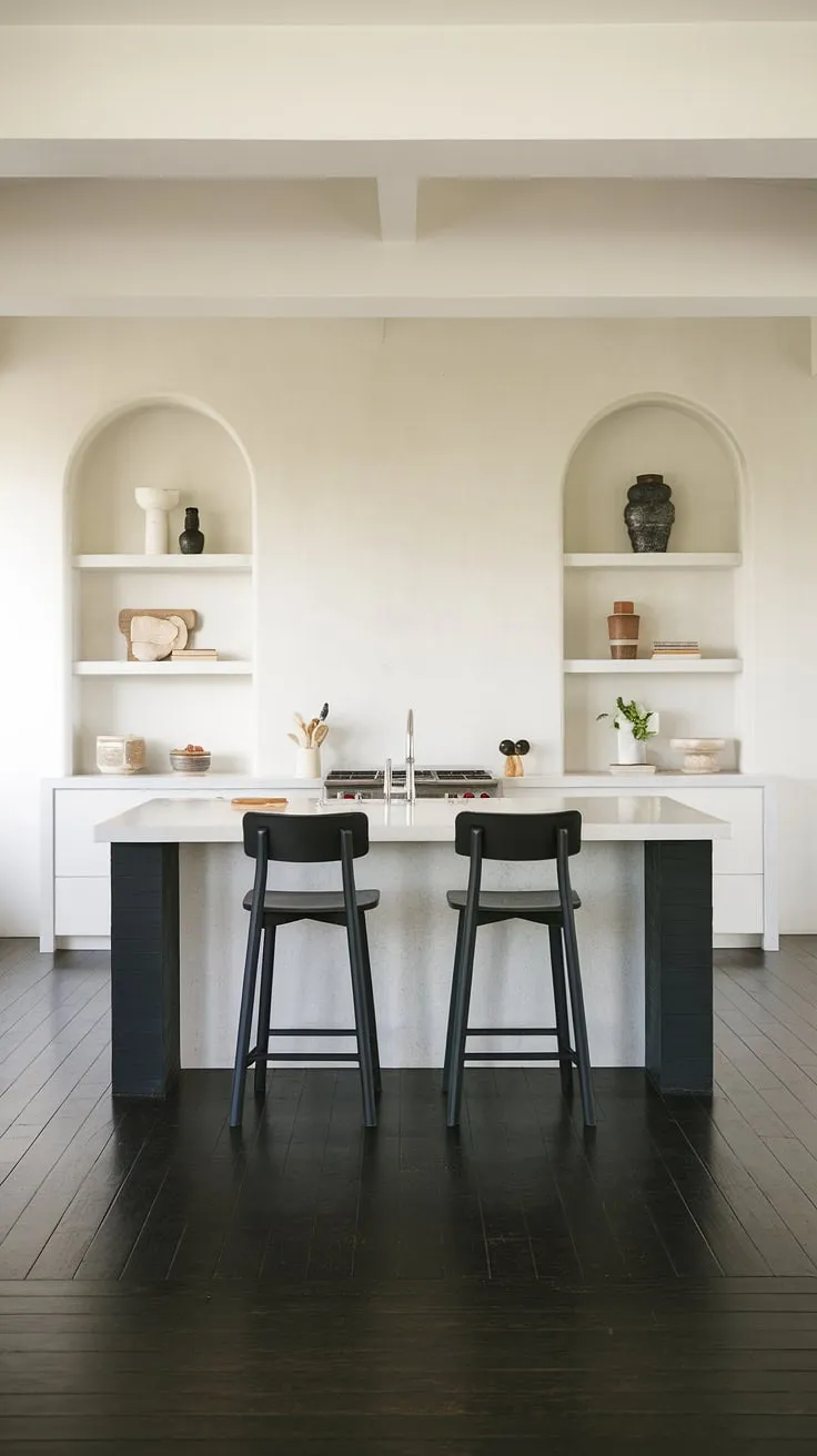 Clean lines, sleek surfaces, and a minimalist aesthetic define this kitchen's modern design. The white island countertop, contrasted by the black legs and dark wood floor, creates a sophisticated and functional space. A perfect blend of form and function.
