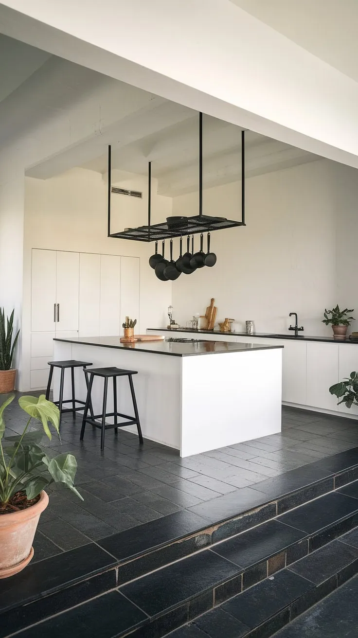 A haven of calm and efficiency, this all-white kitchen is elevated by the sleek black island and dark grey flooring. The strategic use of black creates visual interest without sacrificing the airy feel, making it the perfect space for both cooking and relaxing.