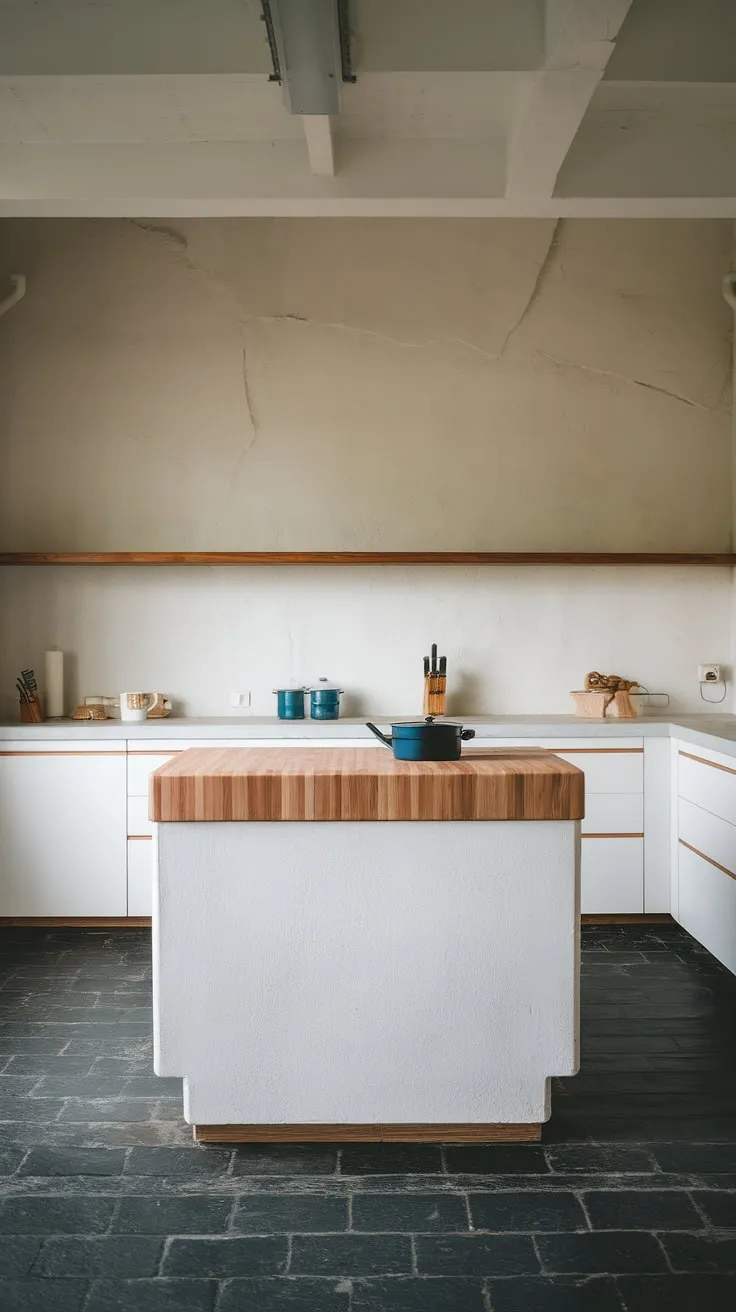 This minimalist kitchen is a study in understated elegance. The white island with its butcher block countertop offers both practicality and visual appeal, complemented by the dark grey flooring and a simple wooden shelf. A space designed for effortless living.