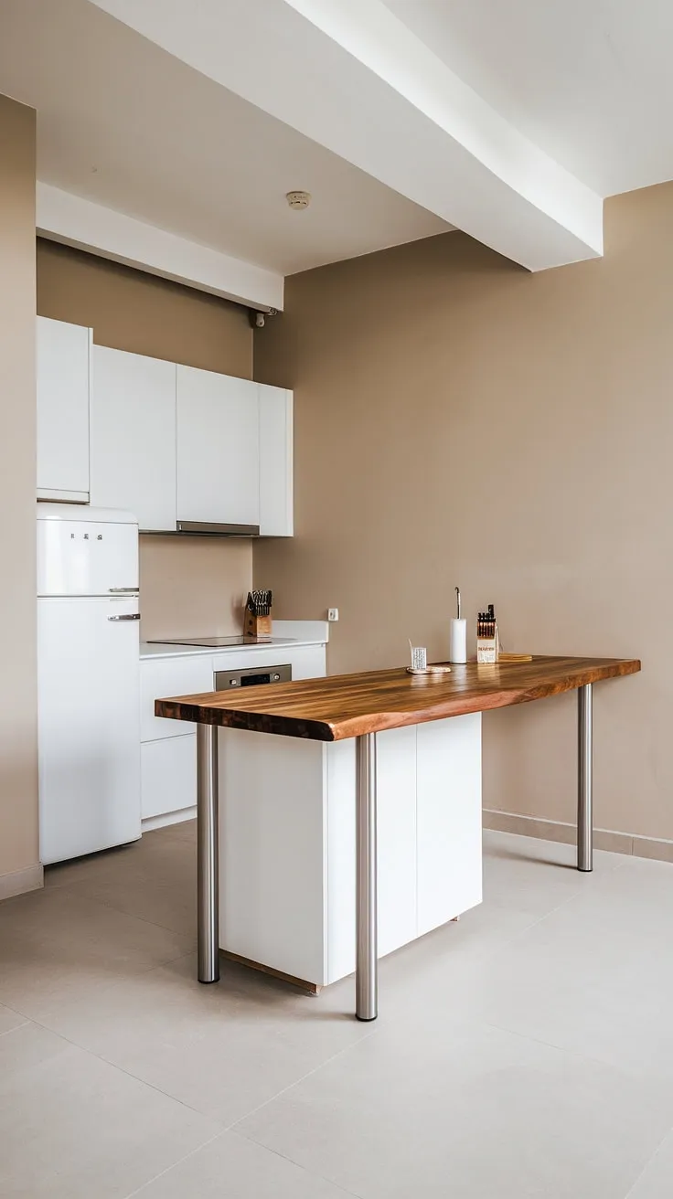This minimalist kitchen is a study in understated sophistication. A simple wooden island, supported by elegant stainless steel legs, anchors the space. The white cabinetry and neutral color palette create a calming atmosphere, while the grey tile floor adds a touch of contemporary cool. A truly inspiring design.