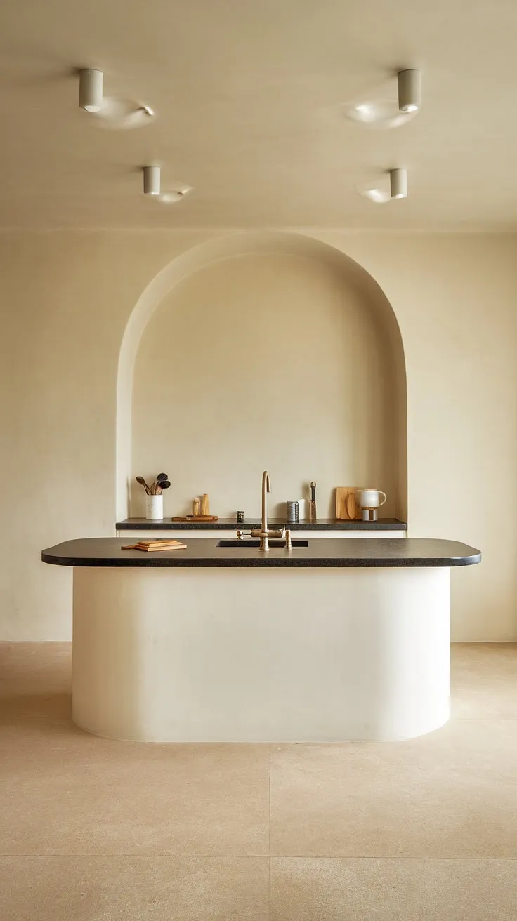 A haven of serenity and efficiency. This minimalist kitchen, with its beige walls and a beautifully appointed white island, showcases the power of simple, sophisticated design. The black countertop adds a touch of drama, while the recessed lighting creates a warm and inviting atmosphere.