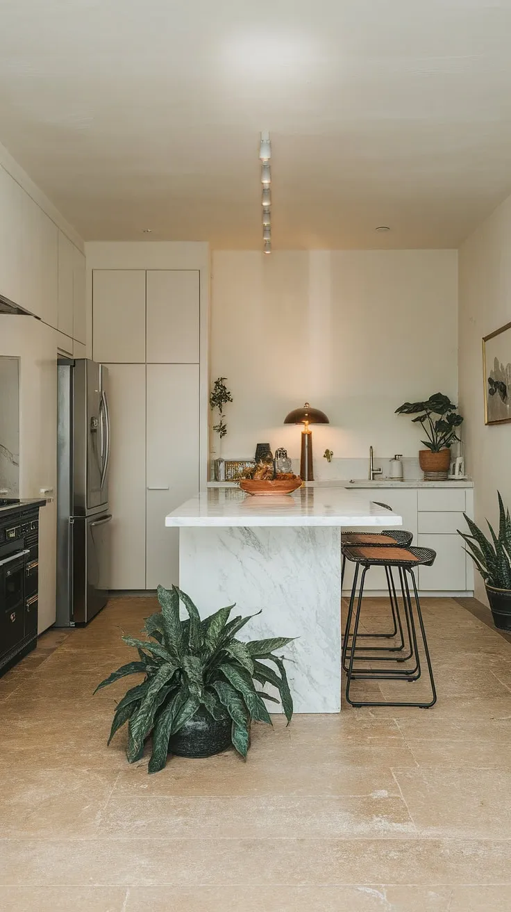 A haven of serenity and style. This modern kitchen's minimalist design, featuring A stunning marble countertop and ample natural light, effortlessly blends functionality with aesthetic appeal.