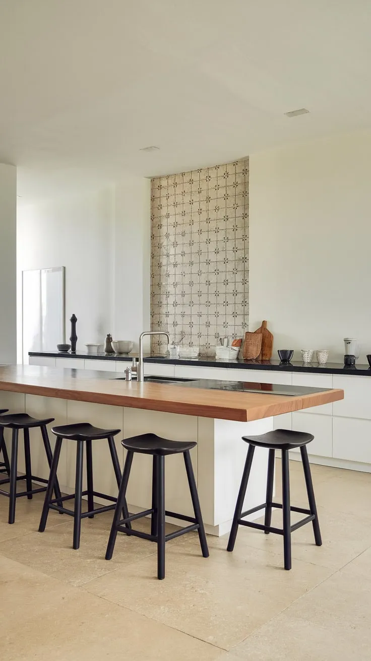 Clean lines, warm wood, and a touch of industrial chic define this minimalist kitchen. The expansive island, a focal point of the space, effortlessly blends functionality with style, creating the perfect hub for culinary adventures and casual gatherings. A sense of calm and sophistication pervades the room.