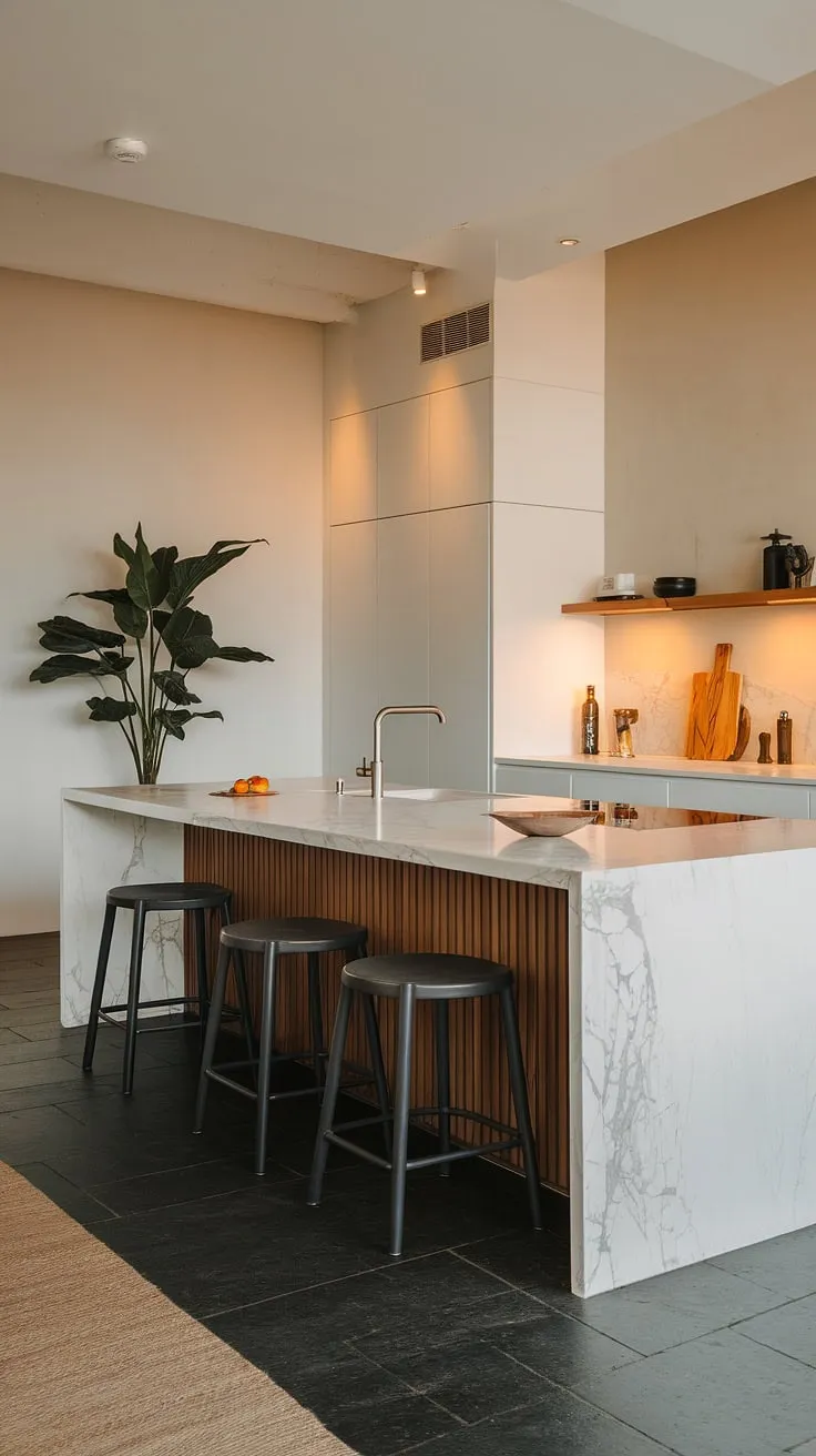 Clean lines and calming hues define this modern kitchen. The large marble island is the undeniable focal point, offering ample workspace and a stylish gathering spot. Dark grey accents and a subtle pop of green complete the sophisticated aesthetic of this a sanctuary.