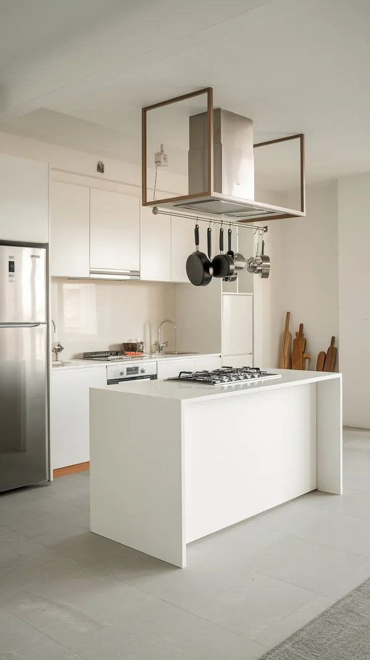 This all-white kitchen is a study in simplicity. The sleek design and thoughtful placement of appliances, including the integrated refrigerator, create a calm and efficient cooking environment. A minimalist dream, perfectly executed.