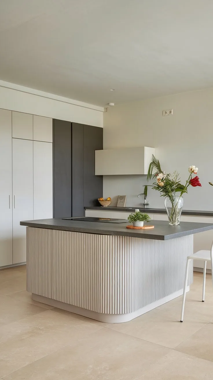 This modern kitchen's design is a testament to understated elegance. The light gray island, accented by a dark gray countertop and a few carefully chosen plants, offers a calming atmosphere. A space where functionality meets aesthetic appeal, creating a haven for culinary creativity.