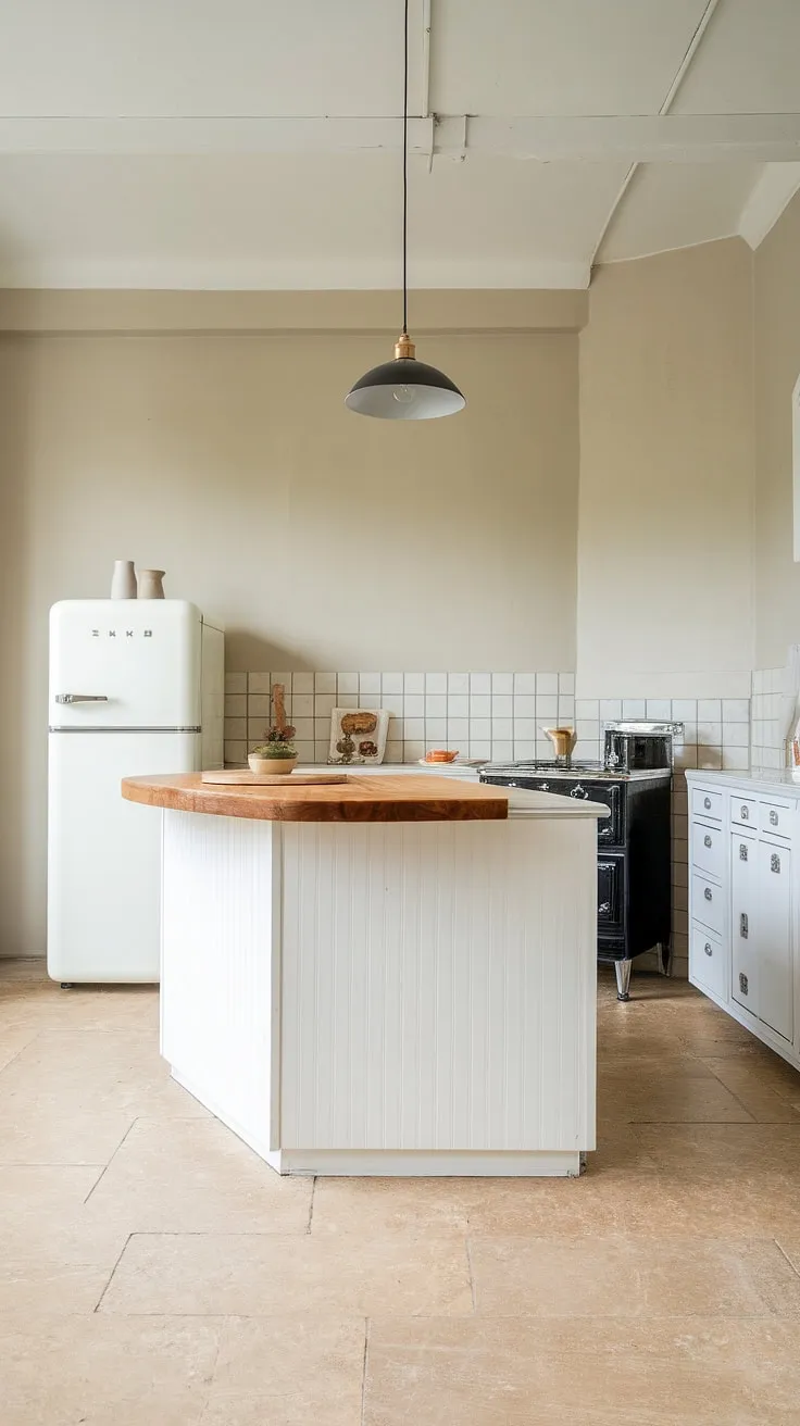 Clean lines, warm wood, and a touch of industrial chic define this minimalist kitchen. The light grey walls and beige tile floor create a serene backdrop for the white island and its striking wooden countertop, a perfect blend of form and function.