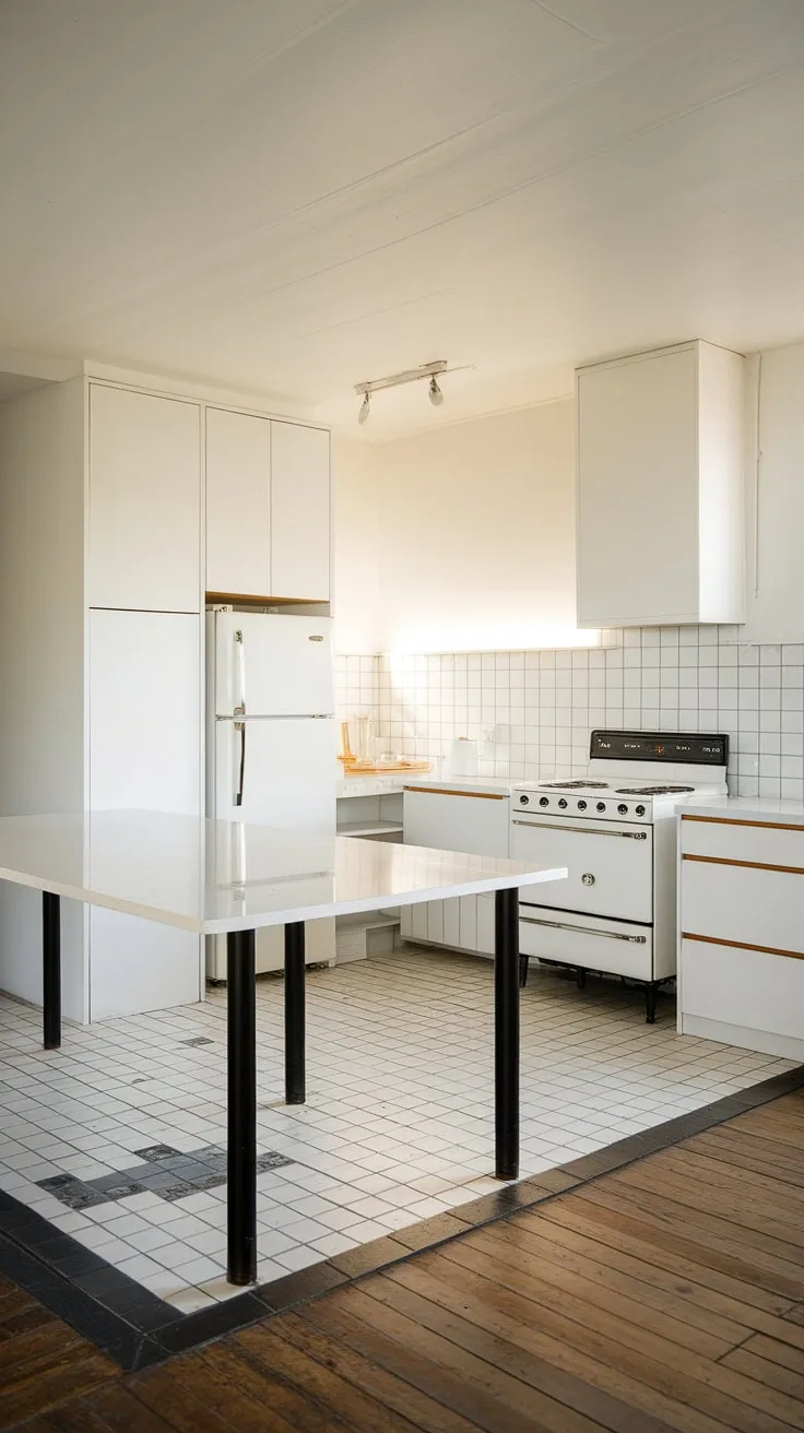 A modern kitchen sanctuary. The sleek white appliances and cabinetry, contrasted by the black island legs and patterned floor, create a sophisticated and inviting atmosphere. A testament to minimalist design at its finest.