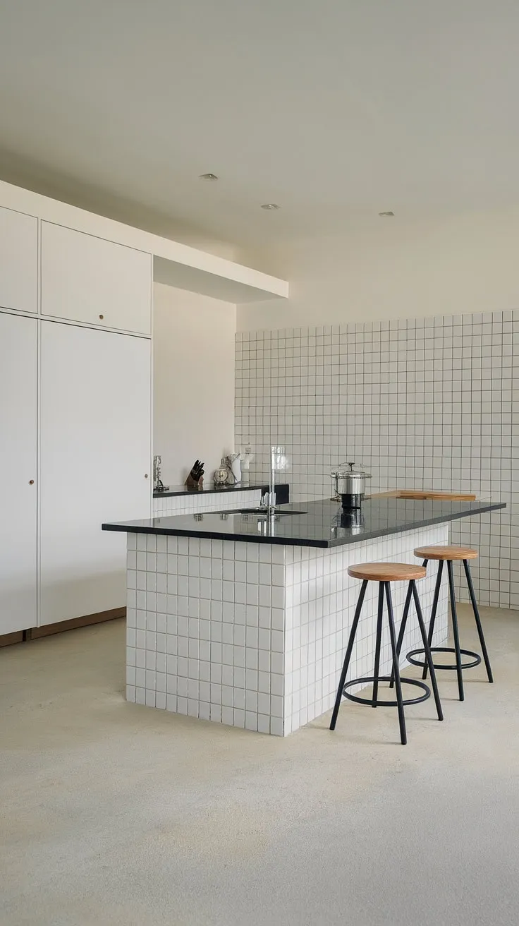 Clean lines, sleek surfaces, and a sophisticated palette define this minimalist kitchen. The contrast between the white island and black countertop creates a striking focal point, while the dark grey tiles add a touch of understated elegance. A perfect blend of form and function, this space is effortlessly chic.