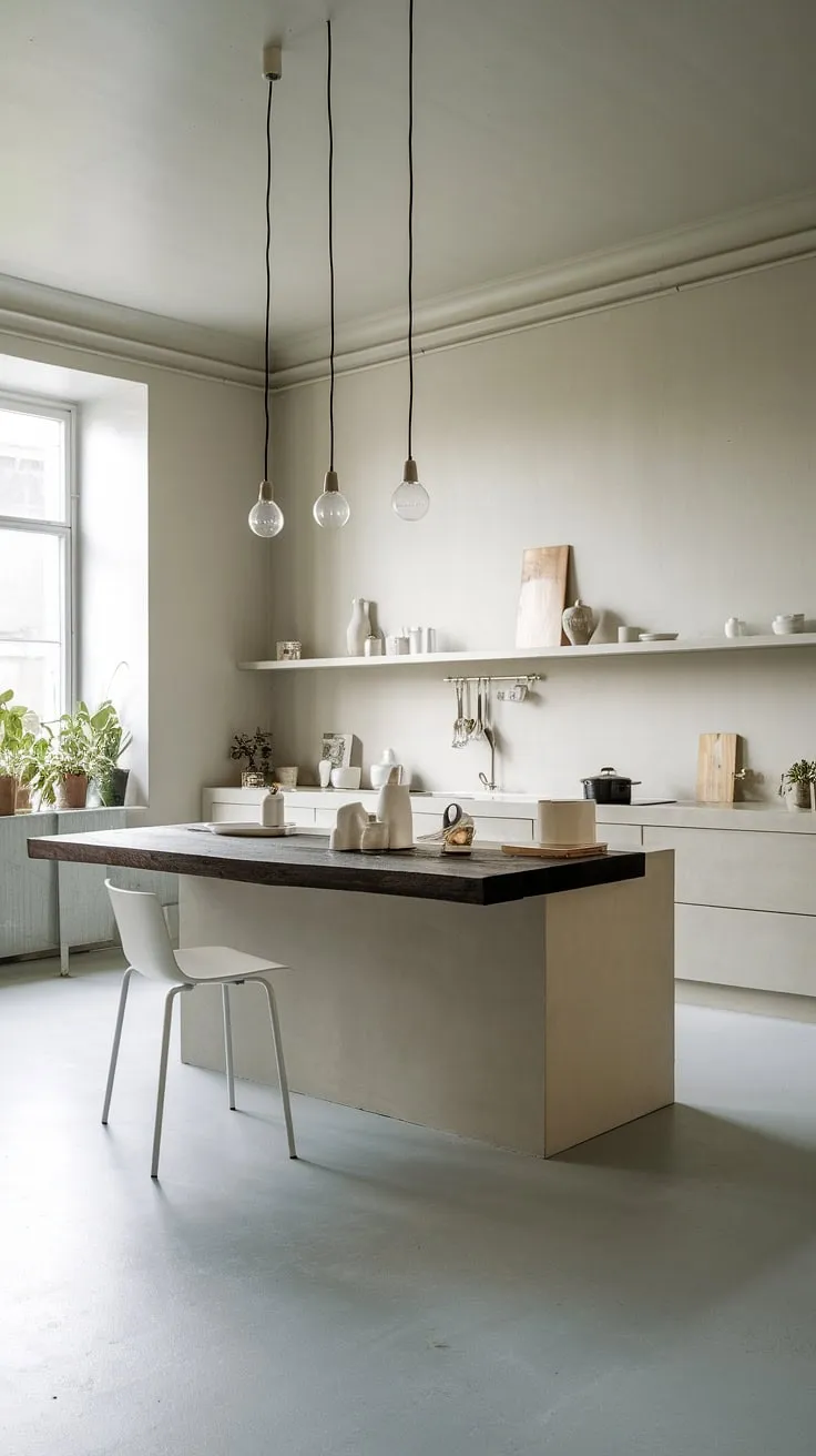 A minimalist dream realized. This kitchen's sleek design, featuring a dark wood island and A calming palette of greys and whites, creates a space that is both functional and utterly inviting. The natural light streaming in from the window, illuminating the lush greenery, completes the serene atmosphere.