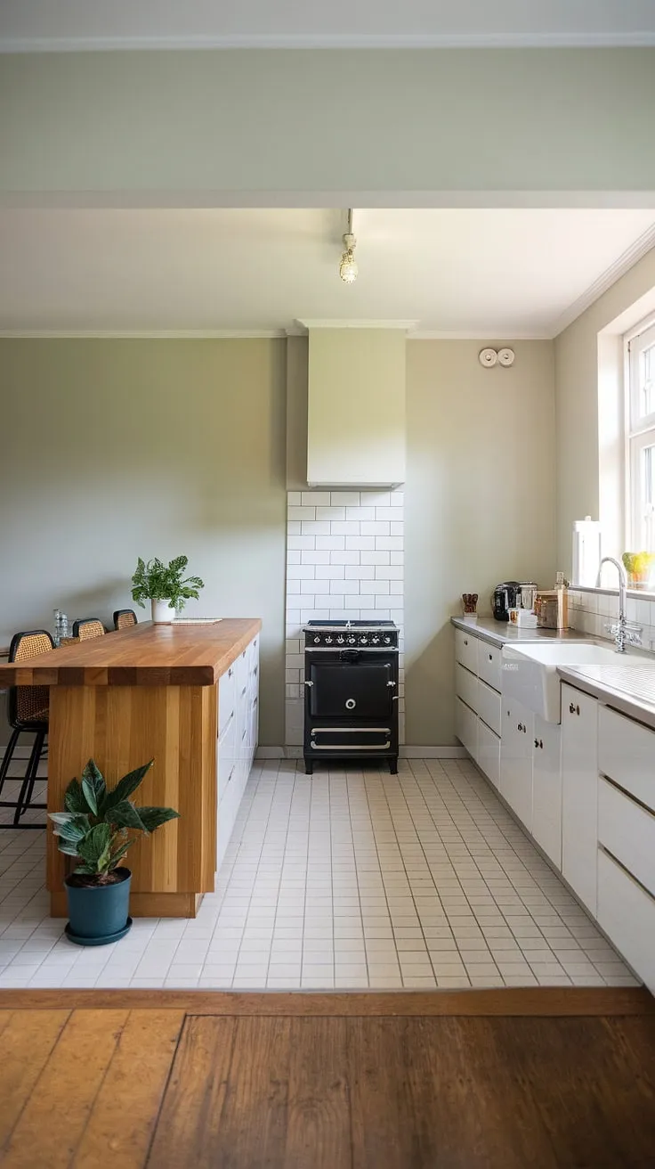 Clean lines, warm wood, and a touch of green: this minimalist kitchen is the perfect blend of modern aesthetics and functional design. The wooden island, a central hub for culinary creativity, anchors the space, while the soft grey walls and bright lighting create an airy and inviting atmosphere. A simple yet sophisticated space where functionality meets beauty.