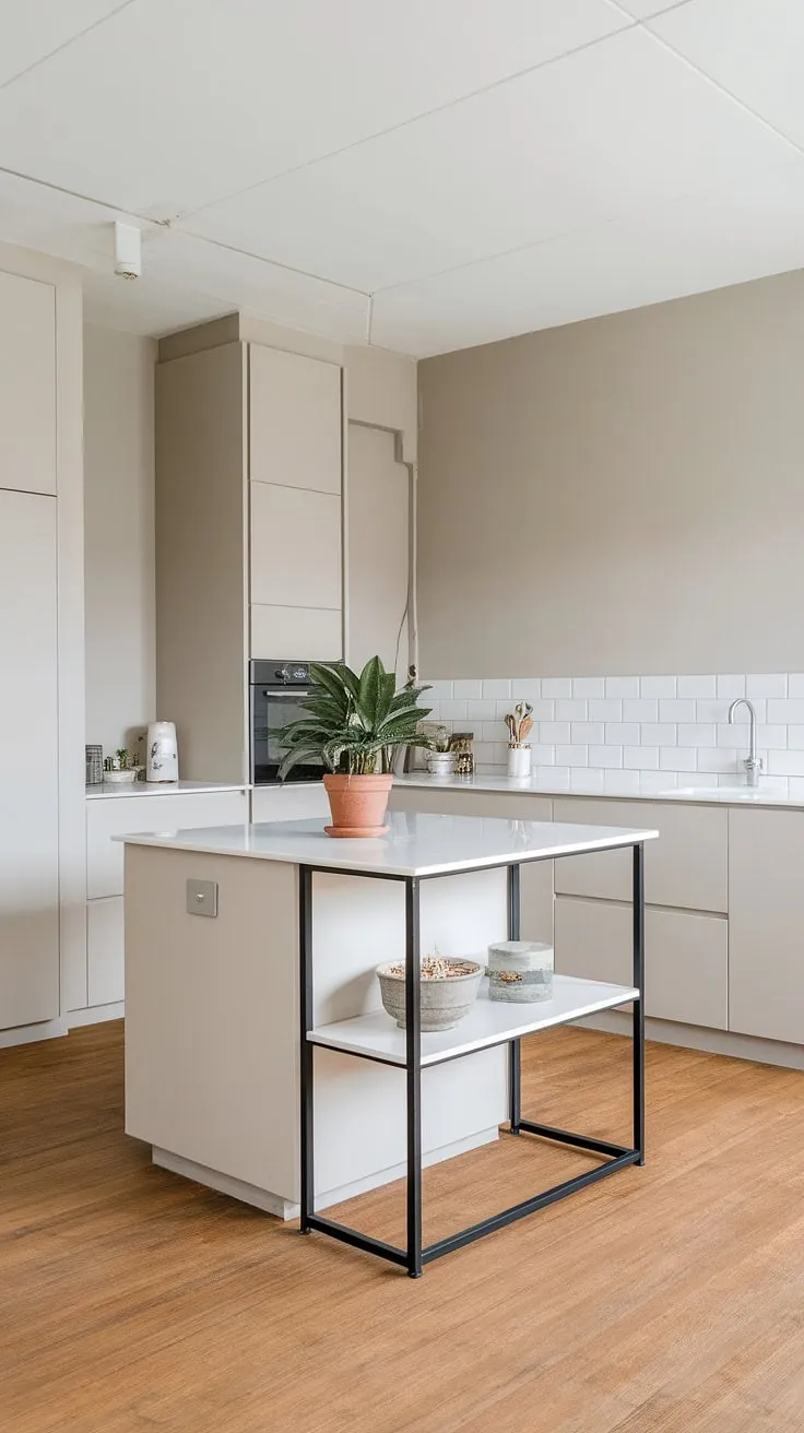 Clean lines, calming gray, and a touch of green: this minimalist kitchen is the epitome of modern serenity. The black metal island adds a touch of industrial chic, perfectly balanced by the white countertop and the warmth of the wooden floor. A simple yet sophisticated space, perfect for creating culinary masterpieces.