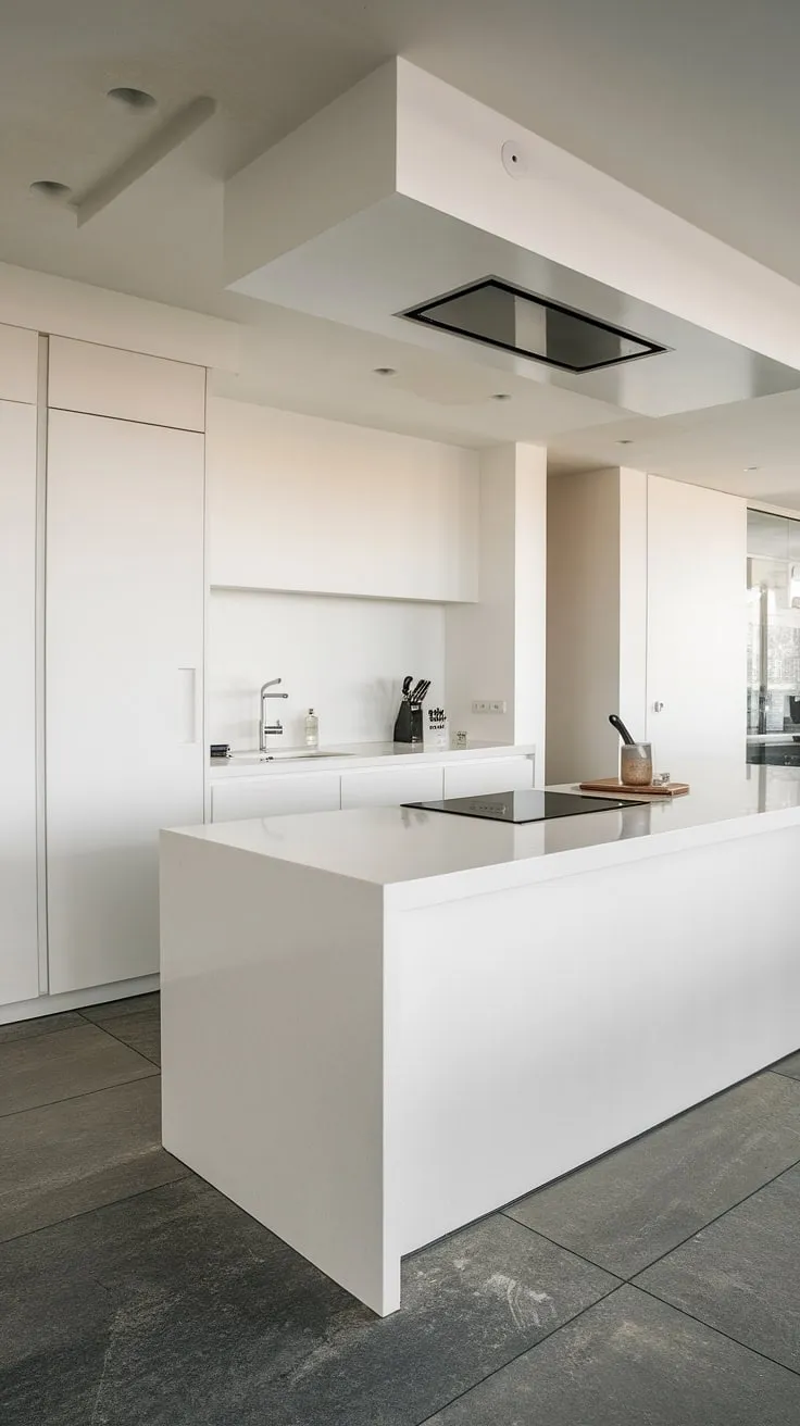 This all-white kitchen is a study in simplicity and elegance. The central island, featuring a black induction cooktop, adds a touch of drama to the otherwise serene atmosphere. Grey flooring and natural light complete this sophisticated and functional space, showcasing the beauty of minimalist design.
