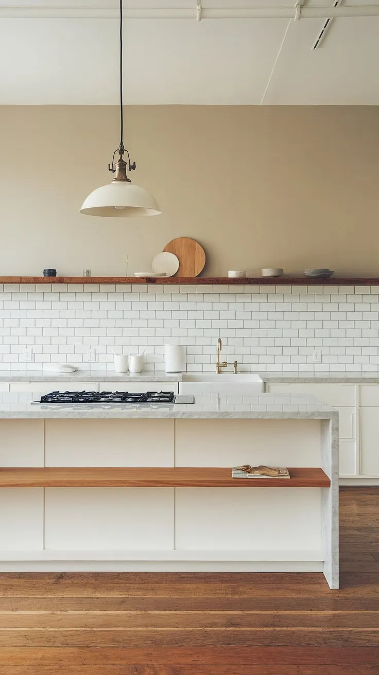 Clean lines and natural materials create a serene atmosphere in this minimalist kitchen. The large island, featuring a stunning white marble countertop and a practical wooden shelf, anchors the space. The subtle beige walls and white subway tile backsplash complement the warm wood flooring, creating a cohesive and inviting culinary haven.