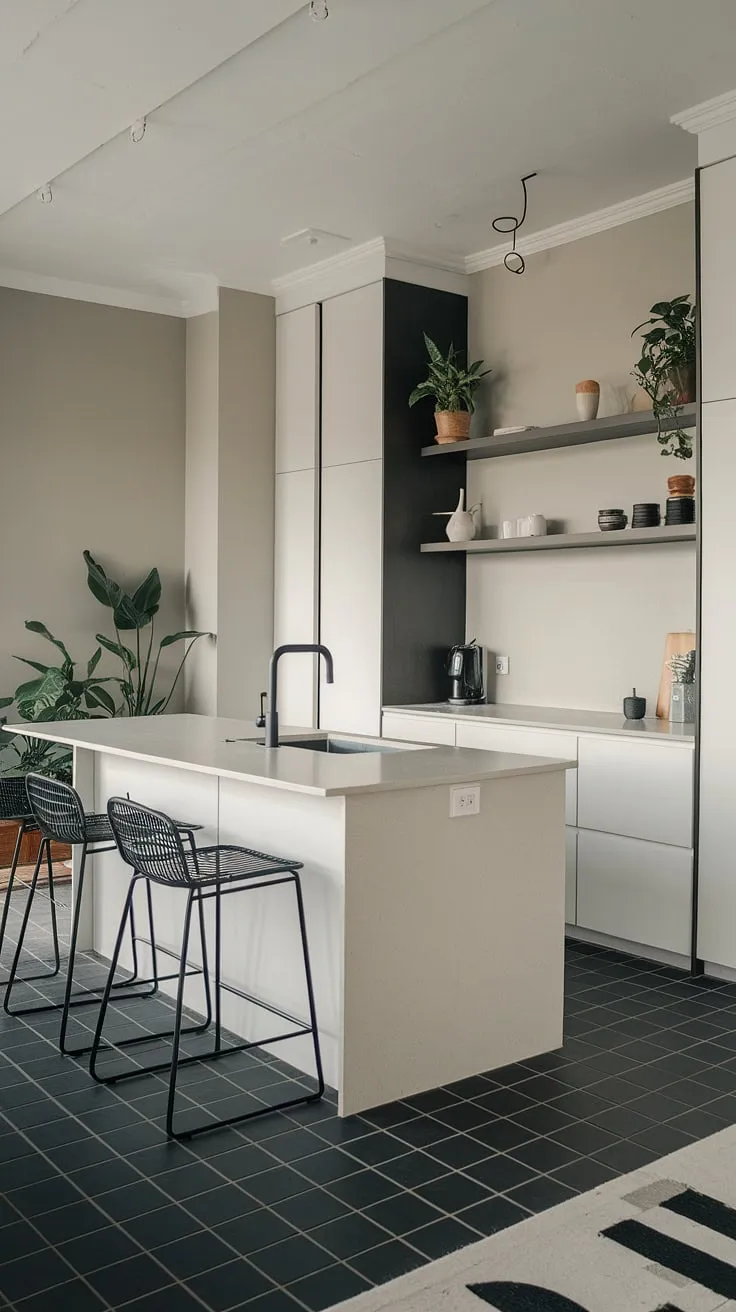This minimalist kitchen is a study in understated elegance. The grey walls provide a calming backdrop for the striking black and white accents, while the island, with its integrated black sink and white countertop, serves as a central hub for both cooking and casual dining. A space where functionality meets aesthetic perfection.