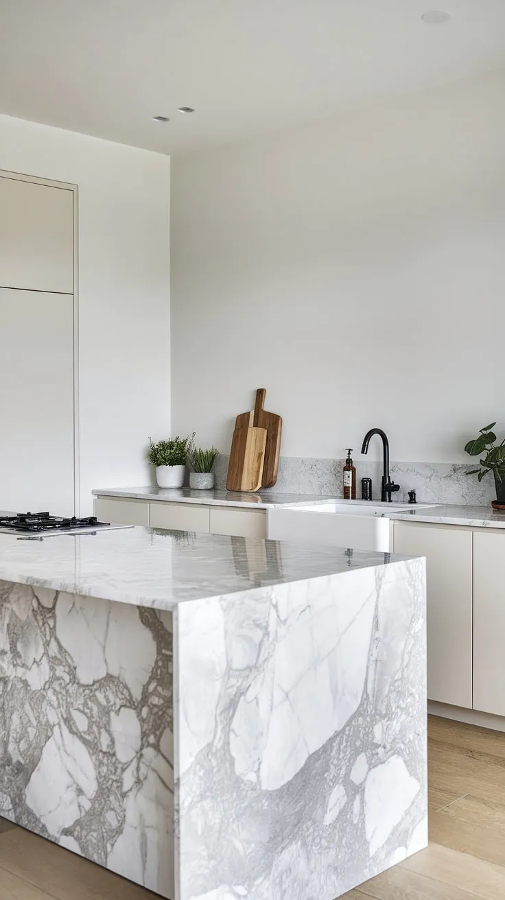 Clean lines, calming tones, and a functional heart: this minimalist kitchen is a sanctuary of style and efficiency. The marble island, a statement piece, anchors the space, while the pops of greenery add a touch of life. A perfect blend of form and function.