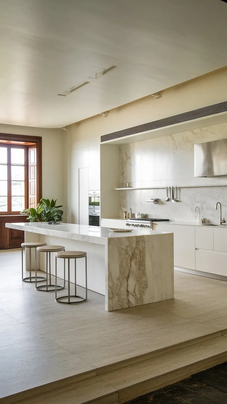 Clean lines, bright light, and a touch of nature: this minimalist kitchen is the epitome of modern elegance. The spacious island, crafted from sleek marble, provides ample workspace and a welcoming gathering spot. A perfect blend of functionality and style.