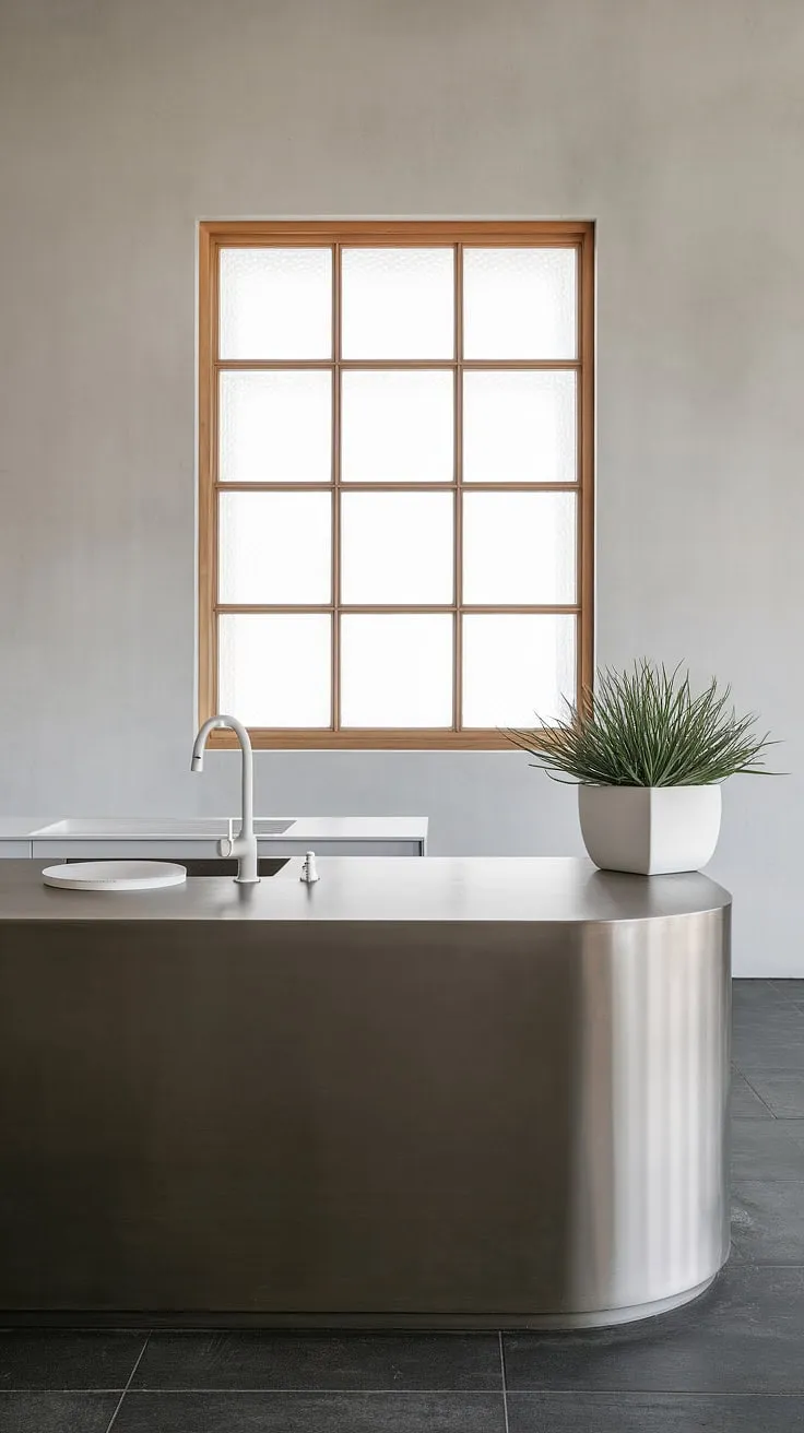 Clean lines, calming tones, and a functional heart: this minimalist kitchen is a sanctuary of style and efficiency. The expansive island, with its integrated sink and subtle pops of white, anchors the space, while the large window bathes the area in natural light, creating a truly serene cooking environment. A perfect blend of form and function.
