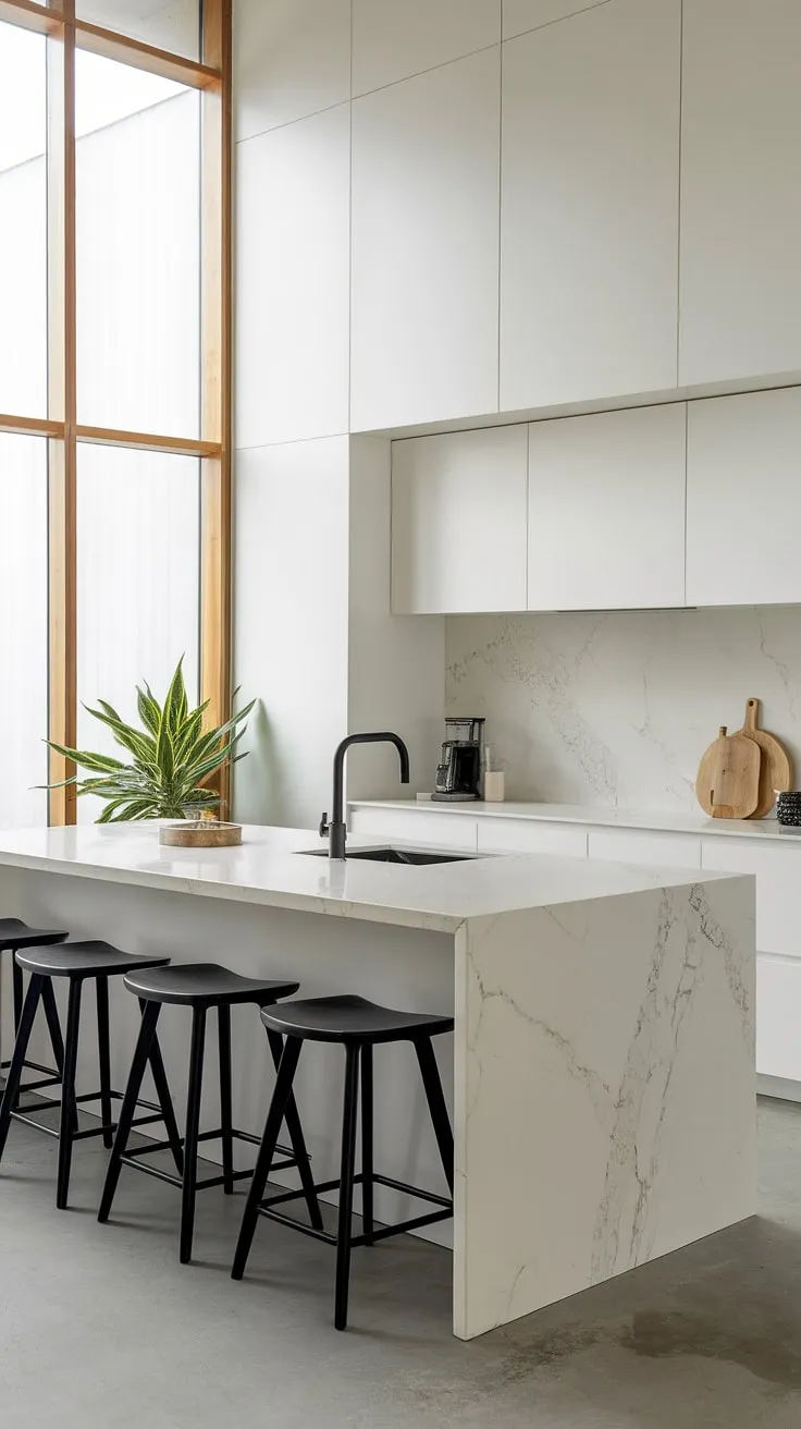 Clean lines, calming light, and a kitchen designed for effortless living. The spacious island, crafted from pristine white marble, is the heart of this minimalist haven, perfectly complemented by the sleek black accents and a touch of greenery. A perfect blend of form and function.