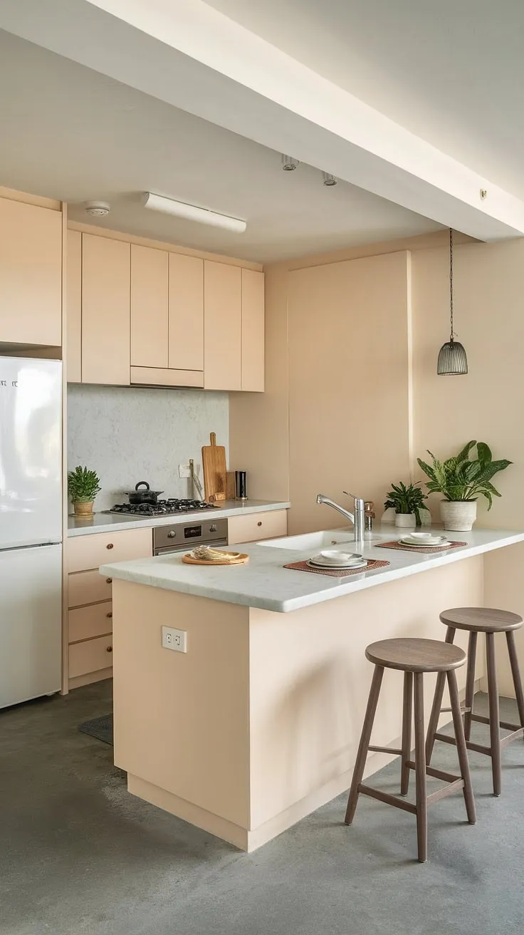 The heart of the home, a minimalist kitchen designed for effortless living. Neutral tones and natural materials create a calming atmosphere, perfect for preparing meals and enjoying quiet moments. The spacious island, complete with sink and seating, is the perfect gathering spot.