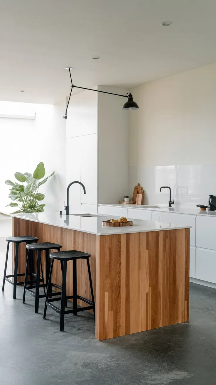 A minimalist haven where functionality meets style. The white cabinetry and concrete floors create a bright, airy atmosphere, while the wooden island adds a touch of warmth and texture, perfectly complemented by the black accents and a splash of greenery.