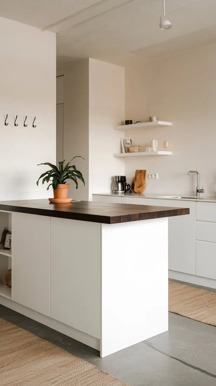 Clean lines, warm wood, and a touch of green: this minimalist kitchen is the perfect blend of style and functionality. The dark wood island, accented by a simple white cabinet and a thriving potted plant, anchors the space, while the open shelving and subtle wall hooks add a touch of personality. A true testament to less is more.