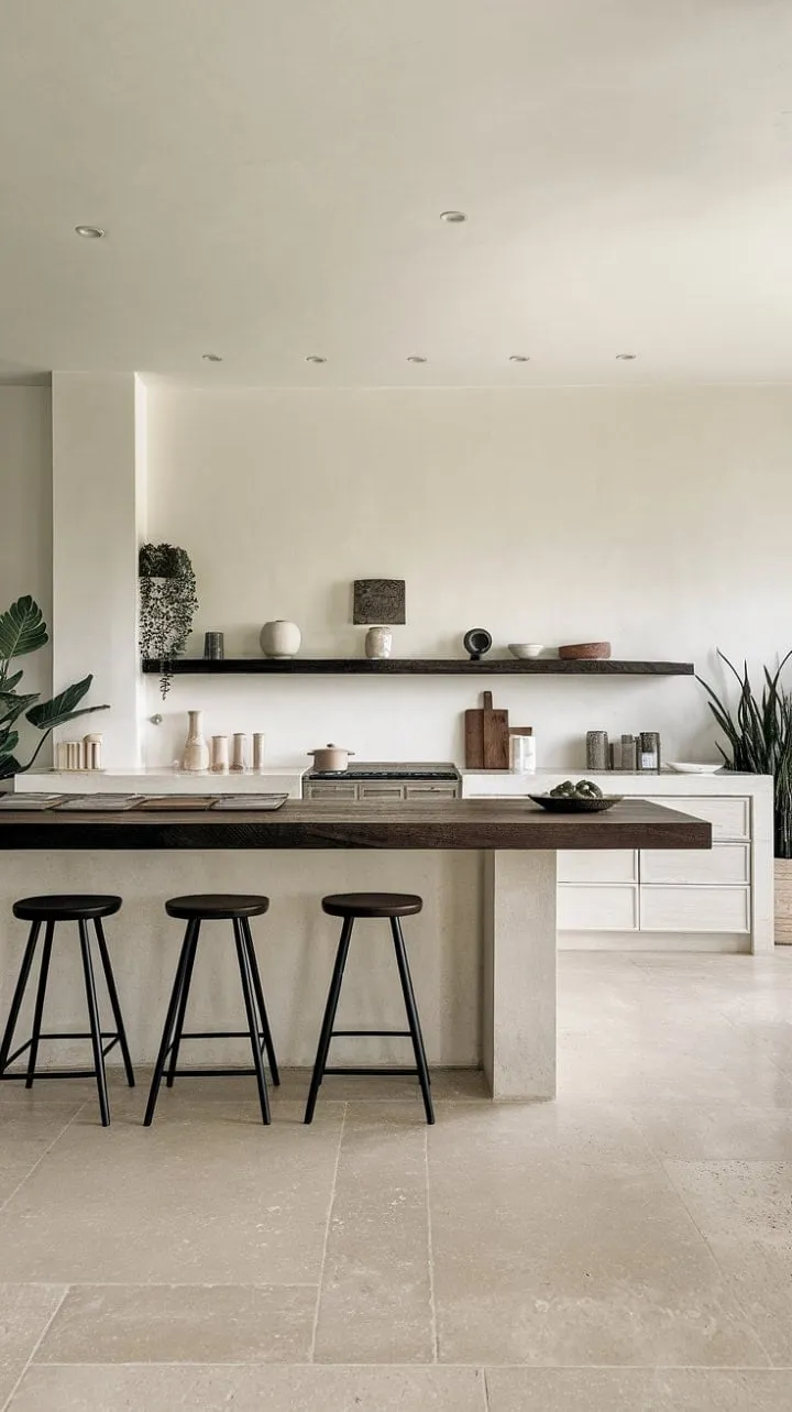 This minimalist kitchen masterfully balances dark wood and light flooring, enhanced by a few select plants that infuse warmth and sophistication.