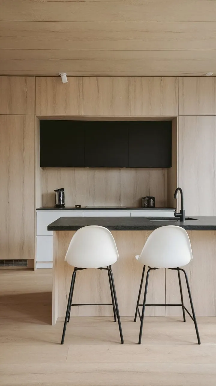 This minimalist kitchen harmoniously balances striking black and white contrasts with warm wood accents, embodying a perfect blend of elegance and practicality.