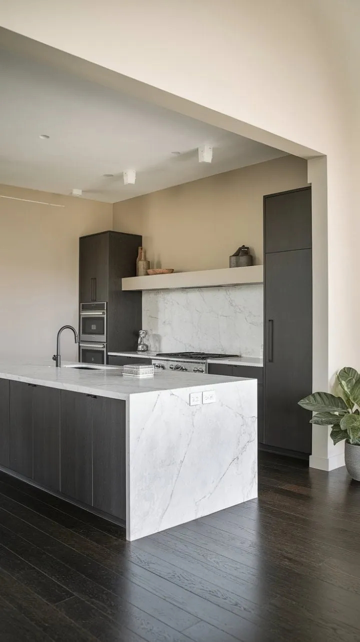 In this stunning minimalist kitchen, the cool elegance of marble harmonizes with the warmth of dark wood, while an integrated island and a simple plant elevate both beauty and practicality.