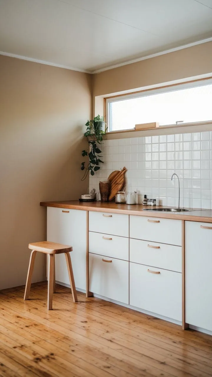 Bathed in natural light, this serene Japandi kitchen blends warmth and minimalism, inviting moments of quiet reflection amidst its stylish simplicity.