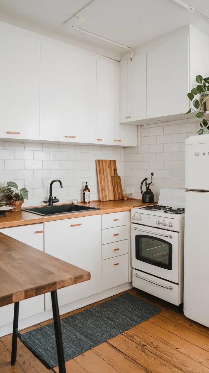 This Japandi kitchen masterfully combines minimalist serenity with cozy warmth, featuring sleek white cabinets, a dark sink, and inviting wooden elements for a harmonious and functional space.