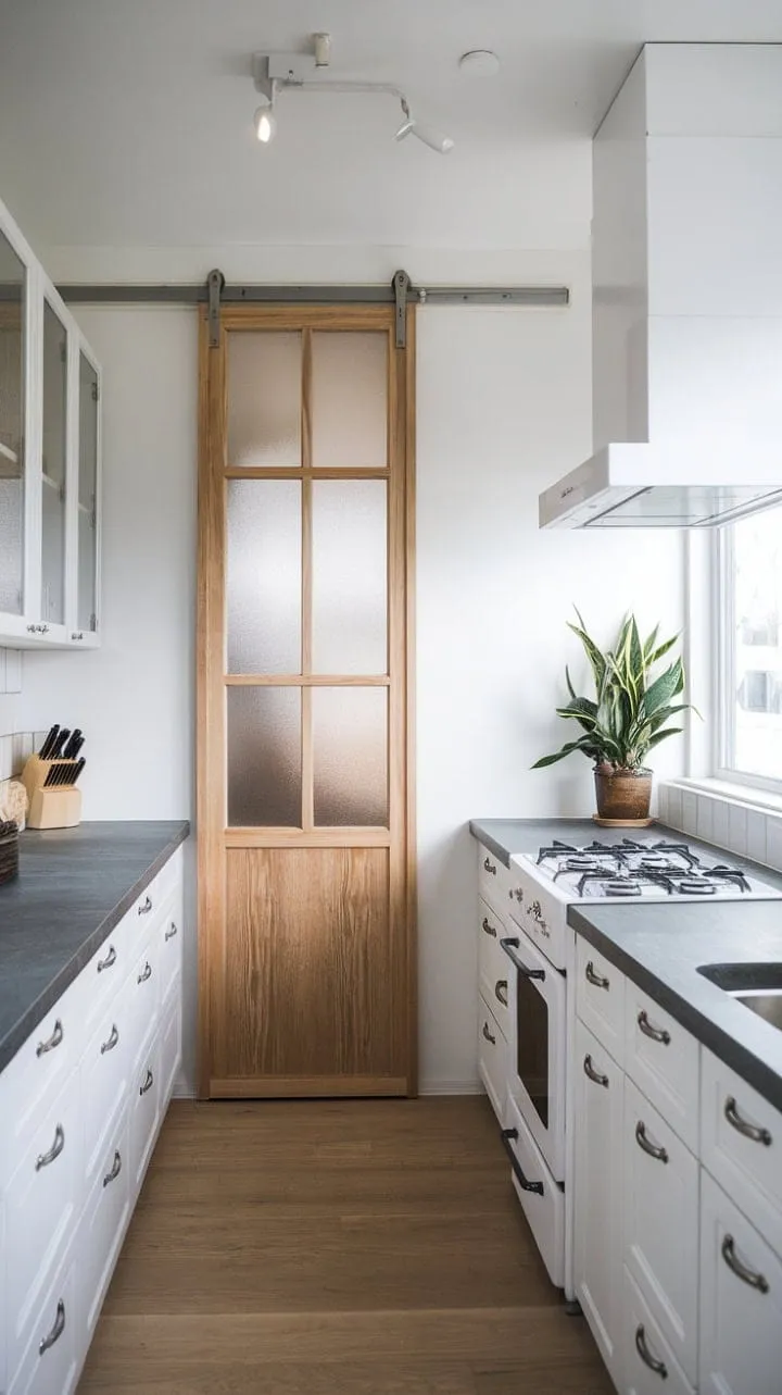 This stunning Japandi kitchen harmoniously combines Scandinavian minimalism and Japanese aesthetics with clean lines, natural materials, and a sophisticated dark grey stone countertop.