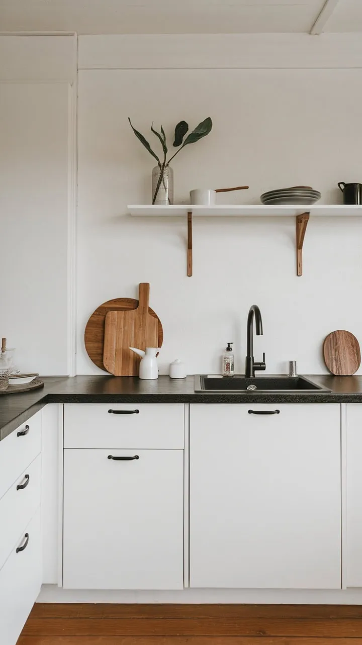This Japandi kitchen harmoniously blends minimalist design with natural warmth, featuring a striking black-and-white palette complemented by organic wooden accents.