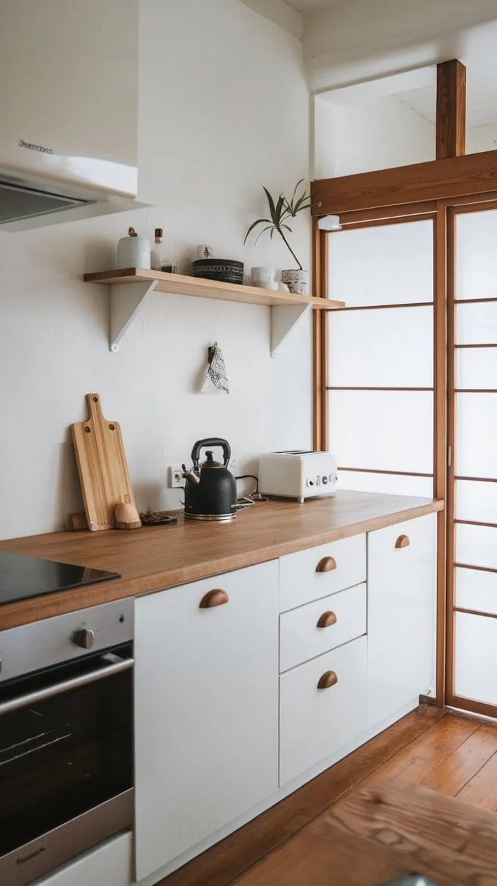 In this serene Japandi kitchen, sunlight illuminates a harmonious fusion of Scandinavian minimalism and Japanese tranquility, where every curated detail reflects a life of intentional simplicity.