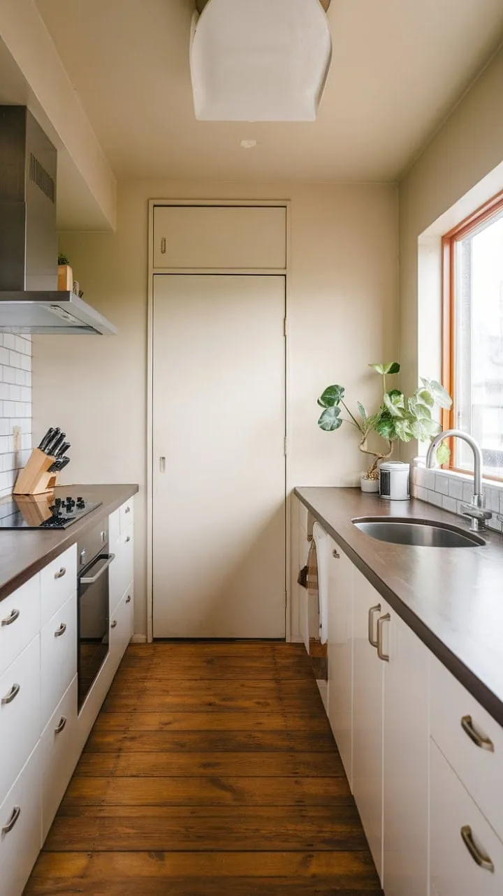 This modern Japandi kitchen masterfully blends clean lines and neutral tones with a striking dark countertop and warm wooden floors, creating a beautifully functional space enhanced by a touch of greenery.