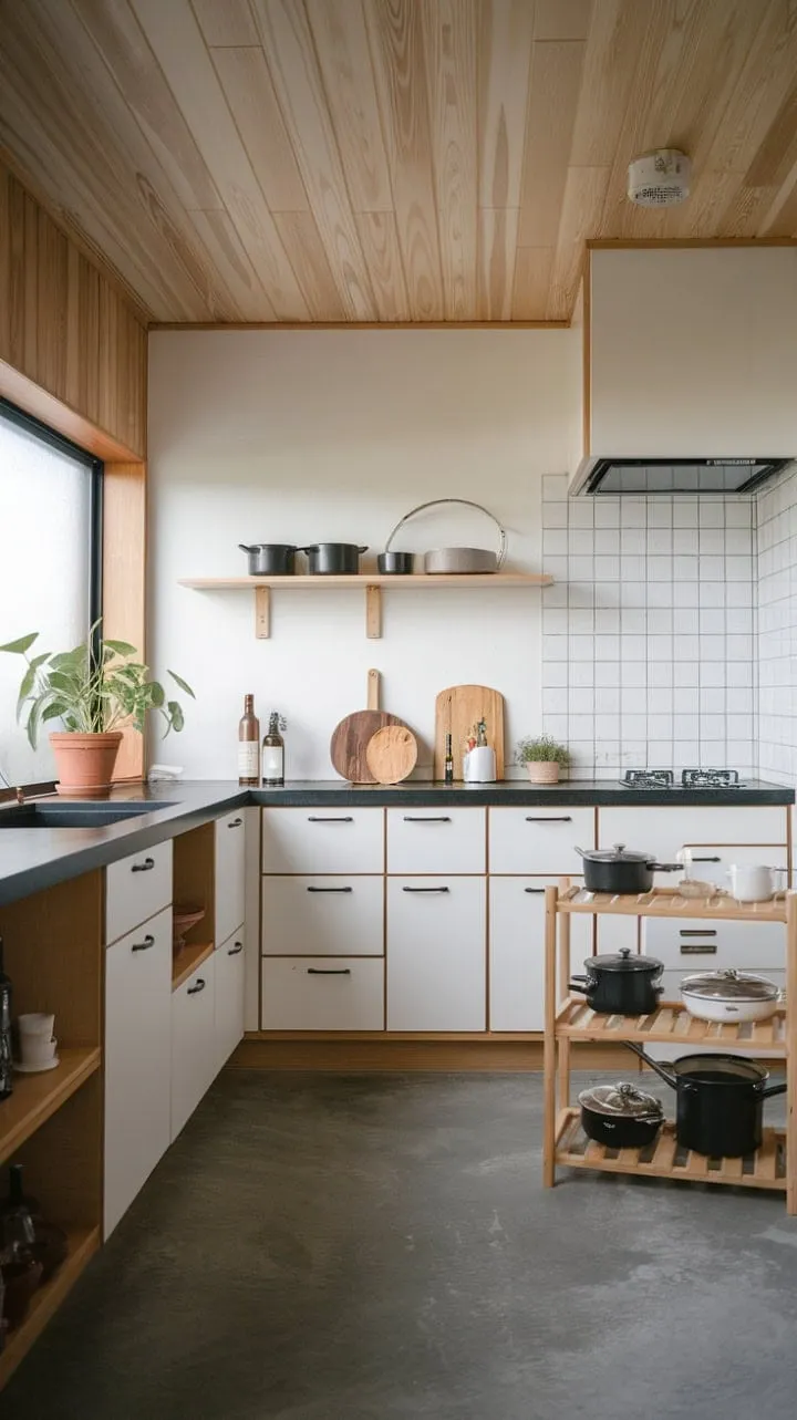 This Japandi kitchen masterfully combines minimalist design with warm wood accents and a striking black-and-white palette, creating a serene yet sophisticated culinary oasis.