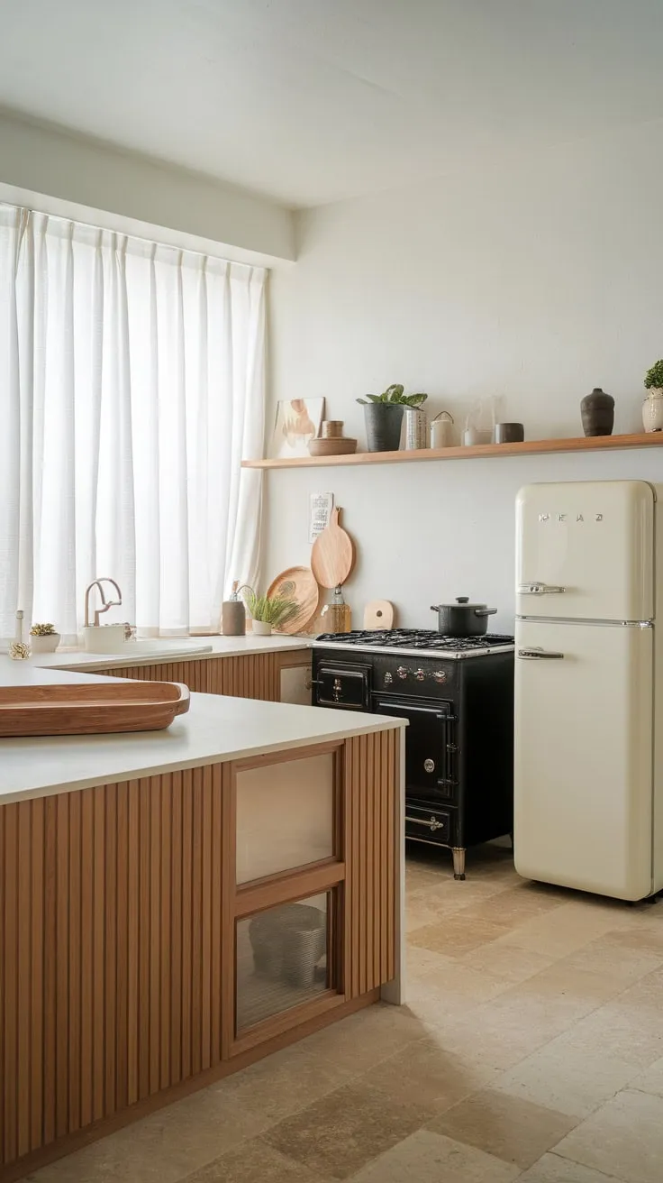 Clean lines and natural wood define this minimalist Japandi kitchen, a haven of calm and functionality.