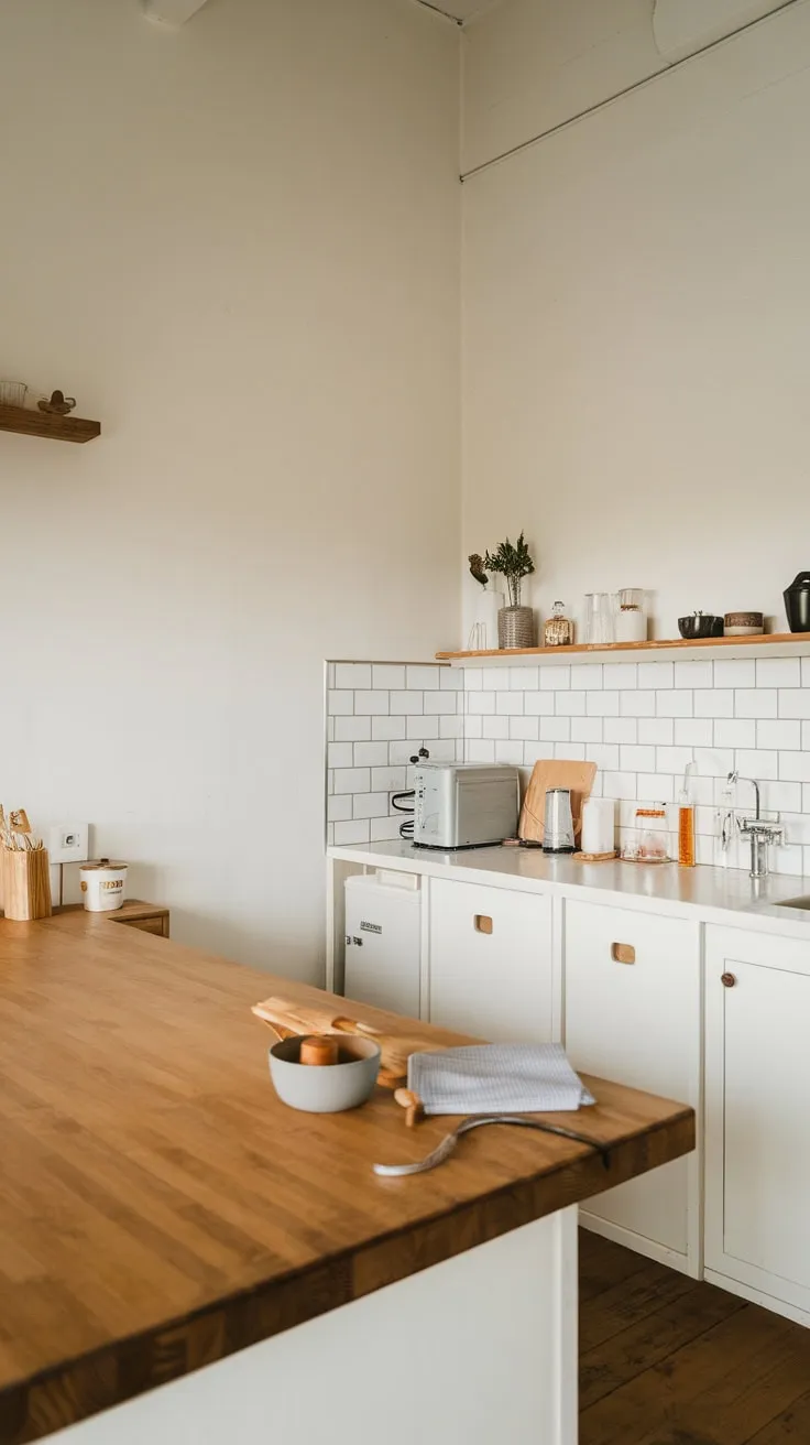 Clean lines and natural wood define this minimalist Japandi kitchen's serene aesthetic