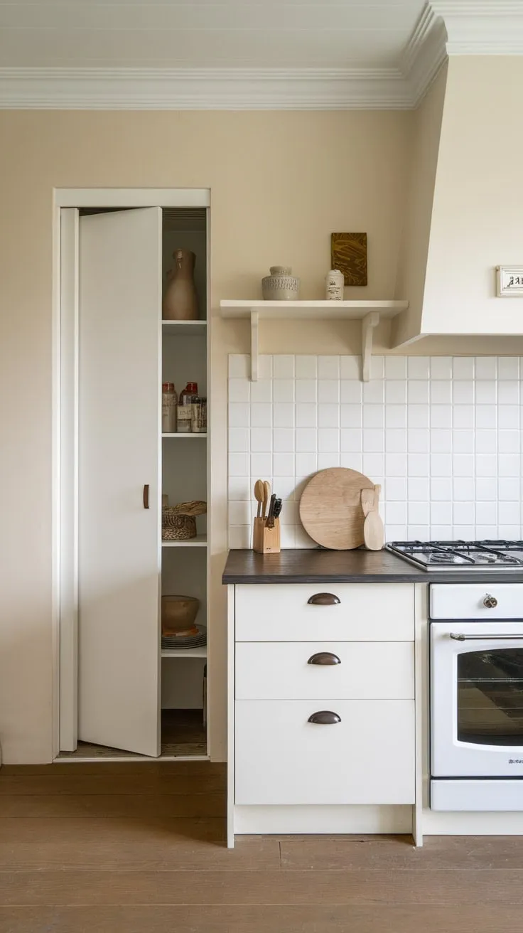 A Scandinavian-minimalist kitchen showcases a serene Japandi design with white cabinetry, dark counters, and a compact pantry.