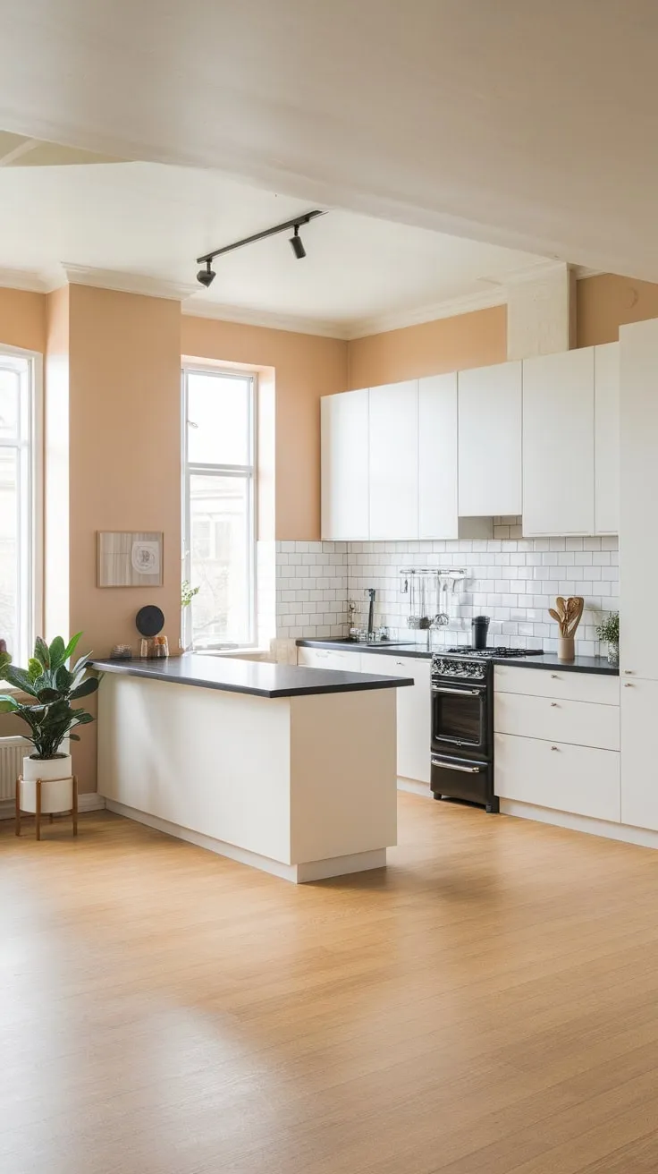A minimalist kitchen blends Japandi and Scandinavian styles with light wood, white cabinets, and black accents for a bright and airy space.