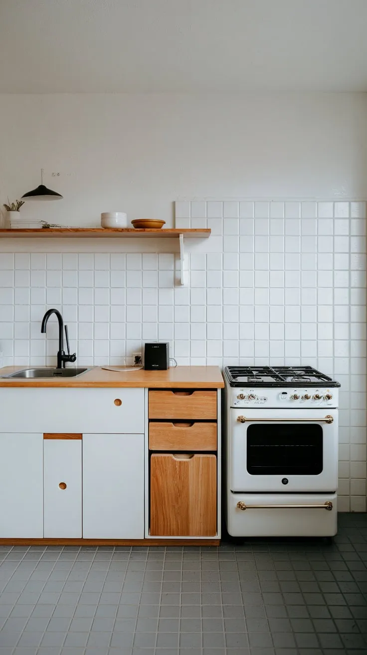 A serene Japandi kitchen showcases minimalist design with white cabinets, wood countertops, and grey tile flooring.