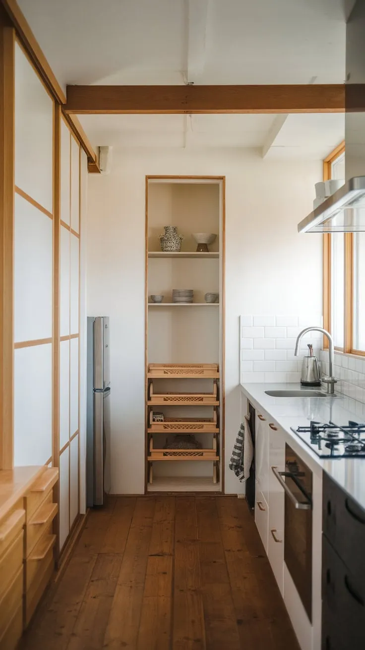 Clean lines and warm wood define this Japandi minimalist kitchen, showcasing functionality over excess.