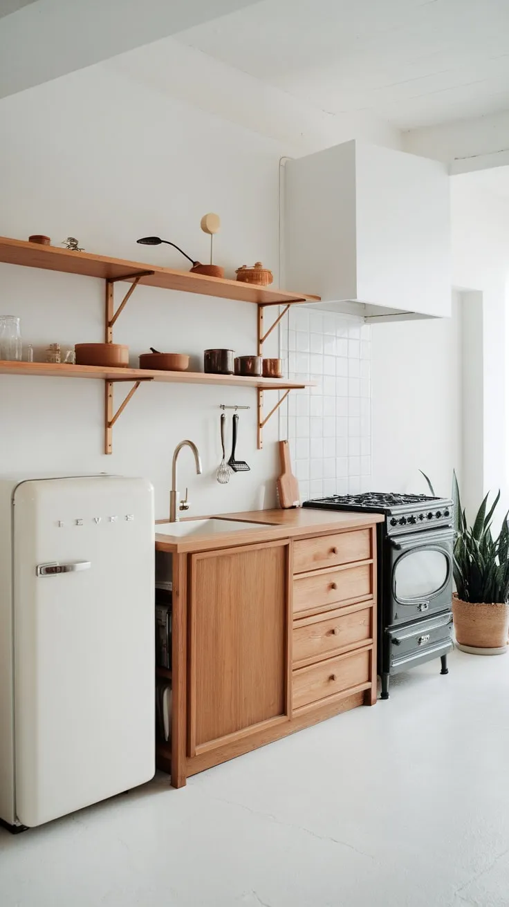 Clean lines and natural wood define this minimalist Japandi kitchen, a serene space enhanced by a few carefully chosen elements.