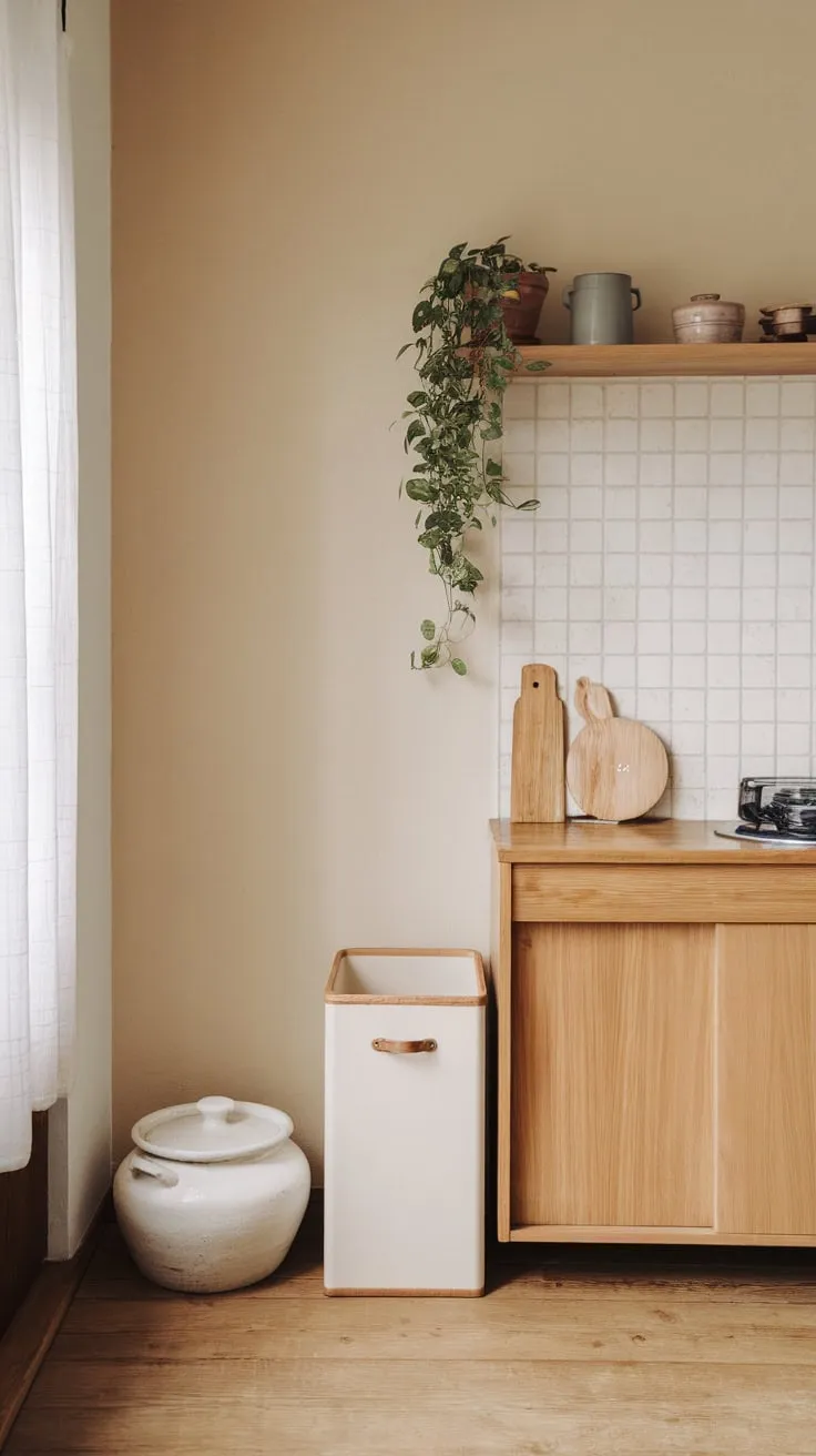 A beige-walled Japandi kitchen showcases understated elegance with a few thoughtfully placed objects on wooden floors.