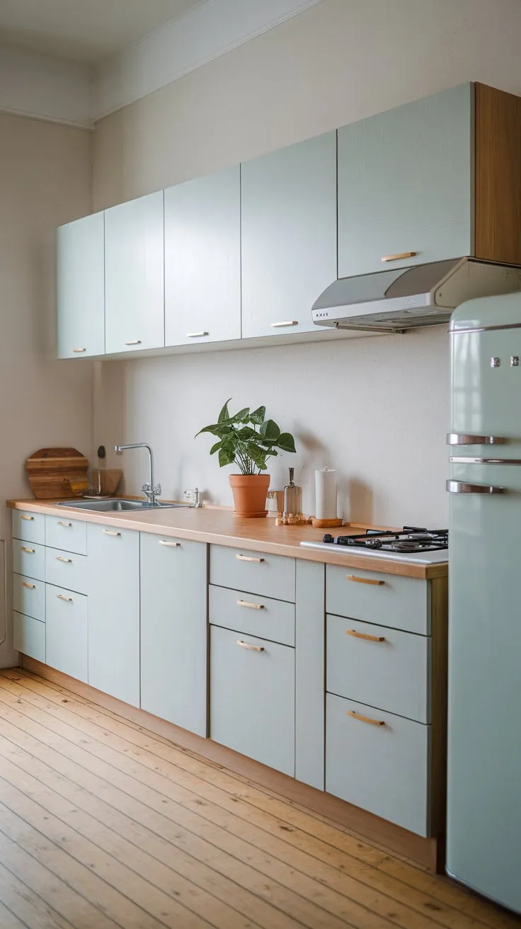 Light gray cabinets, wooden countertops, and a potted plant accent a serene Japandi kitchen's minimalist design