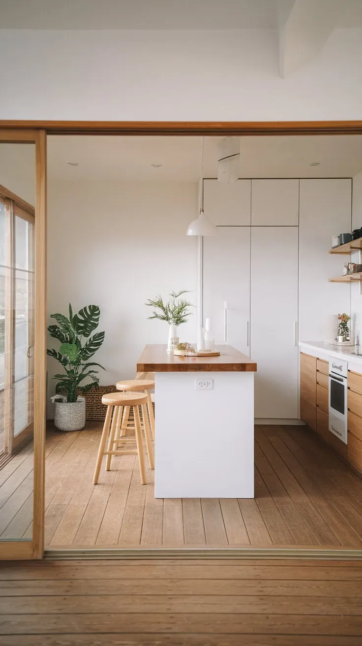 A serene minimalist JapaNDI kitchen blends white cabinetry, warm wood, and natural light for a calming Scandinavian-inspired space.