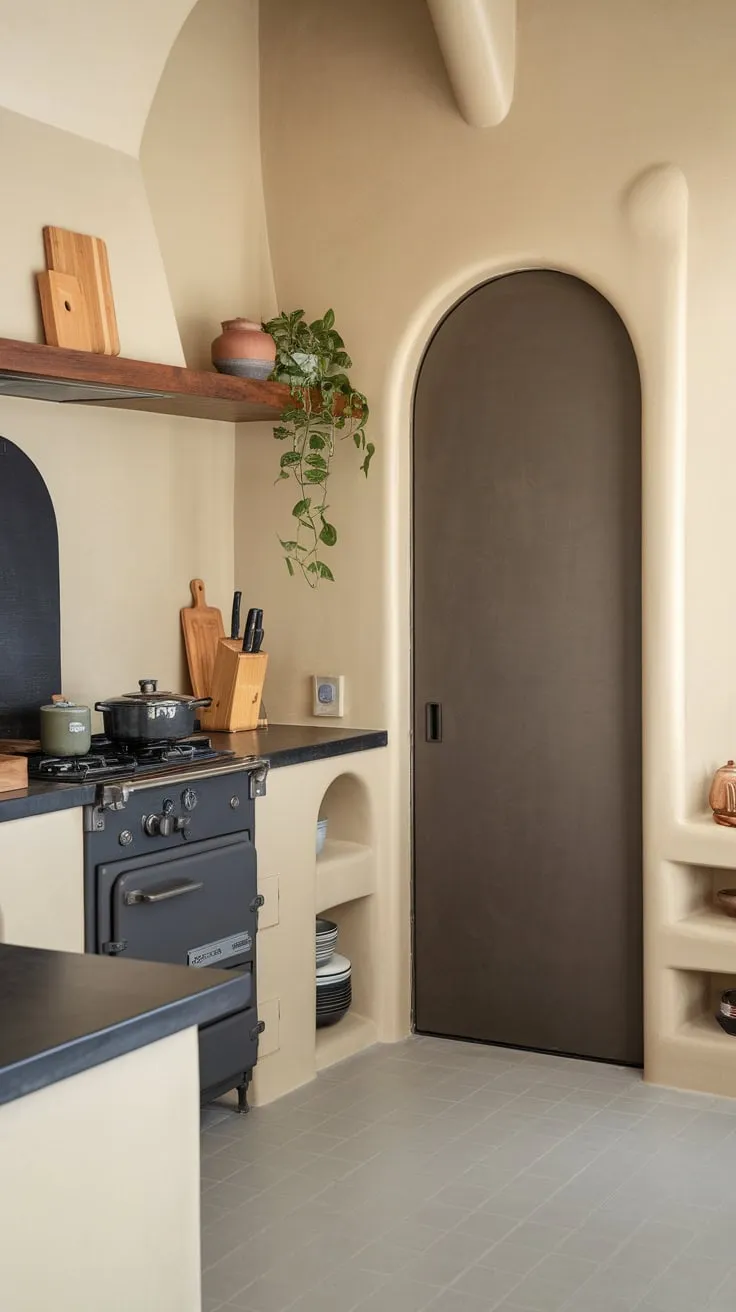 A serene Japandi kitchen, featuring creamy beige and dark grey tones, showcases minimalist design with essential items and a calming atmosphere
